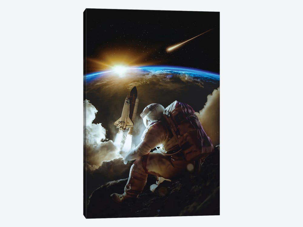 Astronaut Sitting On The Rock In Front Of Rocket Launch To Earth by GEN Z 1-piece Canvas Art Print