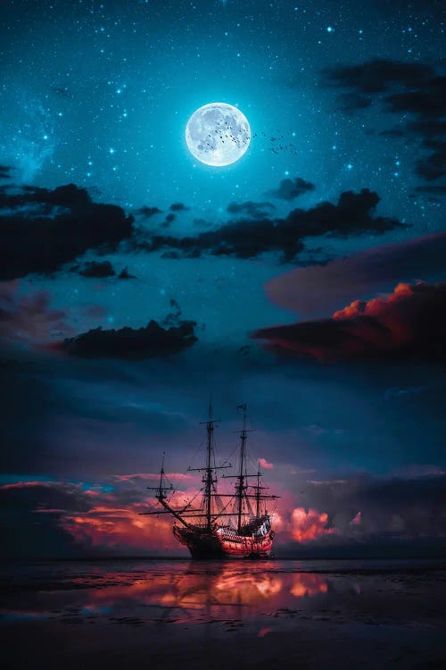 Red Sparrow Boat And Blue Full Moon