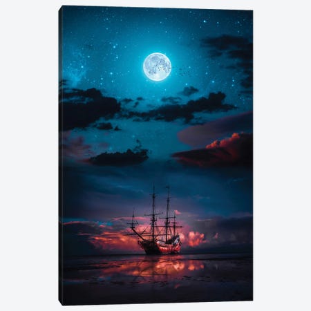 Red Sparrow Boat And Blue Full Moon Canvas Print #GEZ284} by GEN Z Canvas Art Print
