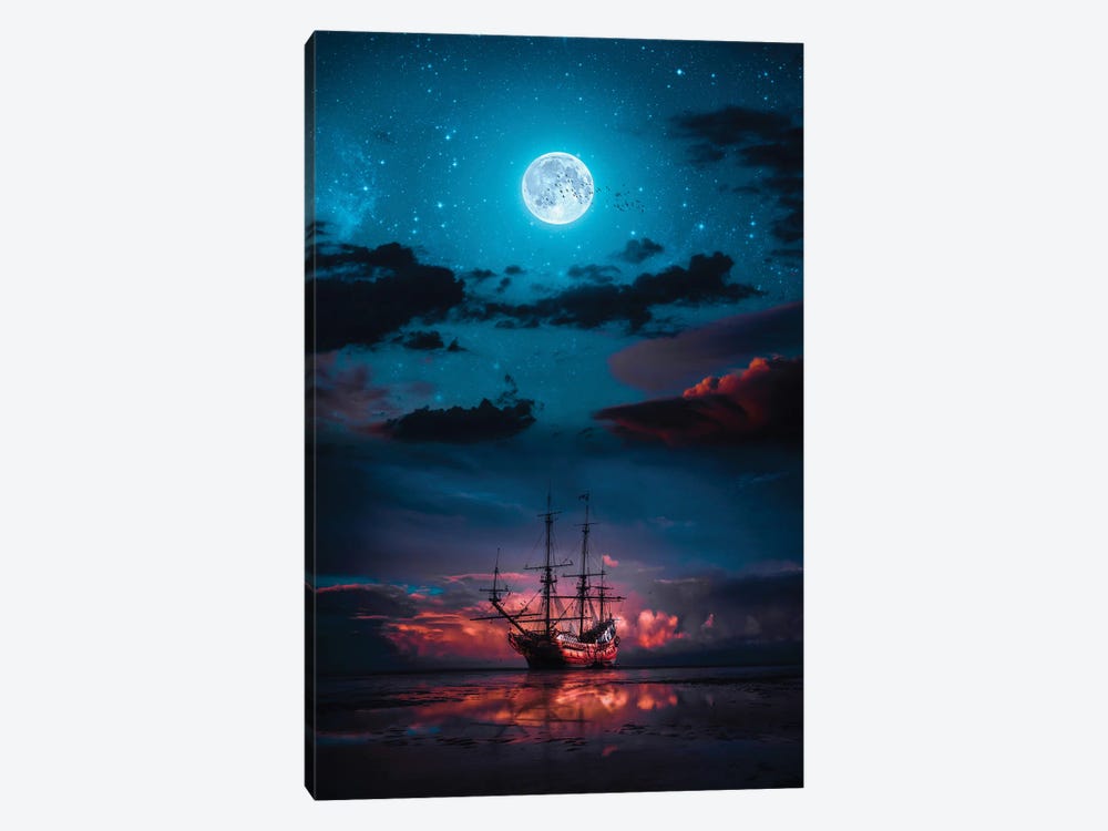 Red Sparrow Boat And Blue Full Moon by GEN Z 1-piece Canvas Art