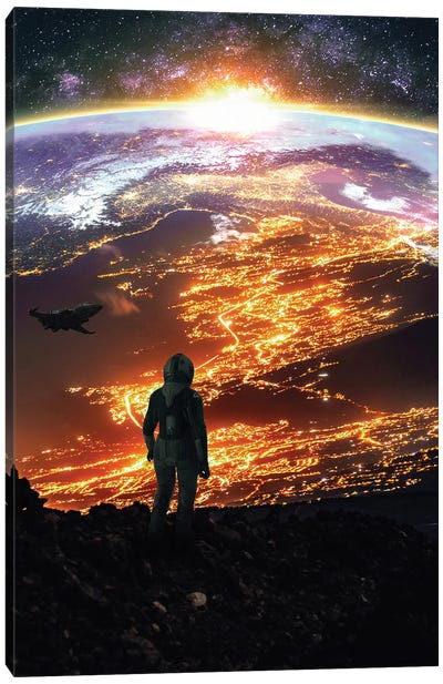 Astronaut Look The City Earth Life Canvas Art Print - Earth Art