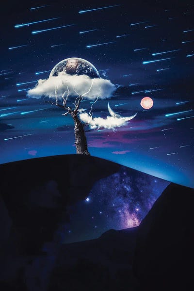 Tree Cloud In Desert With Earth, Moon And Sun by GEN Z framed wall art