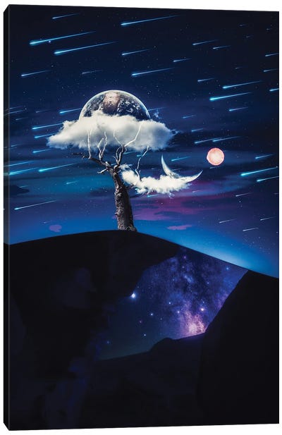 Tree Cloud In Desert With Earth, Moon And Sun Canvas Art Print
