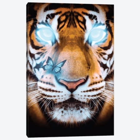 Blue Eyes Tiger And Pretty Butterfly Canvas Print #GEZ304} by GEN Z Canvas Art