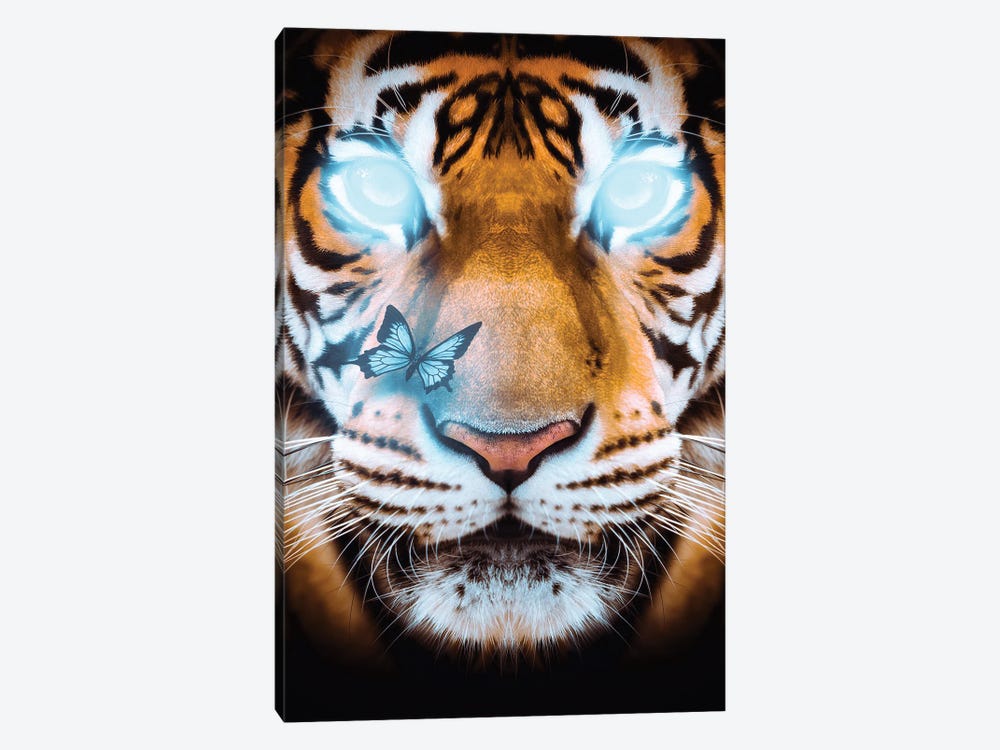 Blue Eyes Tiger And Pretty Butterfly by GEN Z 1-piece Art Print
