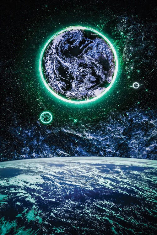 Space Earth And Planet With Green Halo