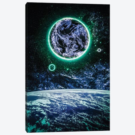 Space Earth And Planet With Green Halo Canvas Print #GEZ319} by GEN Z Canvas Wall Art