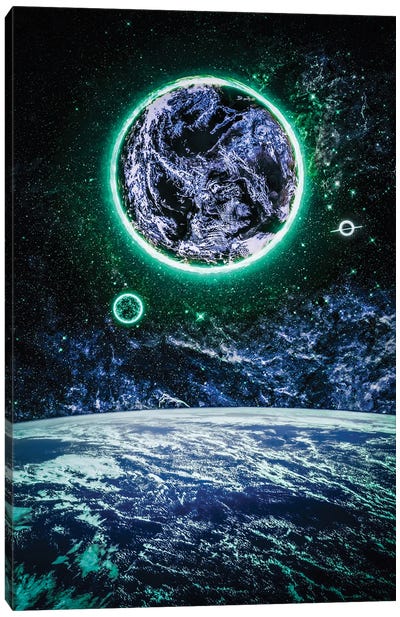 Space Earth And Planet With Green Halo Canvas Art Print