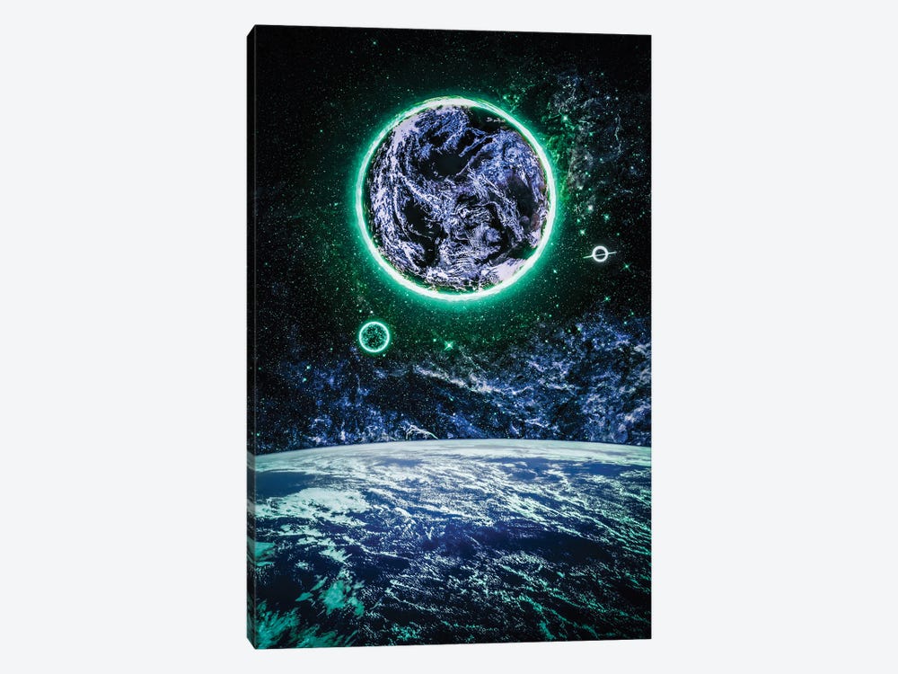 Space Earth And Planet With Green Halo by GEN Z 1-piece Canvas Print
