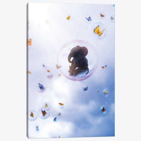 Baby Elephant In Bubble With Butterflies In Sky Canvas Print #GEZ31} by GEN Z Canvas Art
