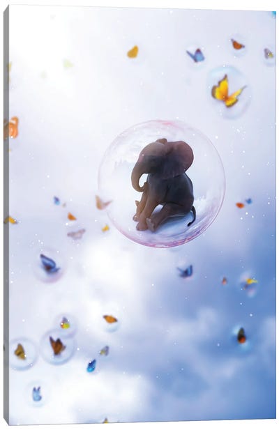 Baby Elephant In Bubble With Butterflies In Sky Canvas Art Print - GEN Z