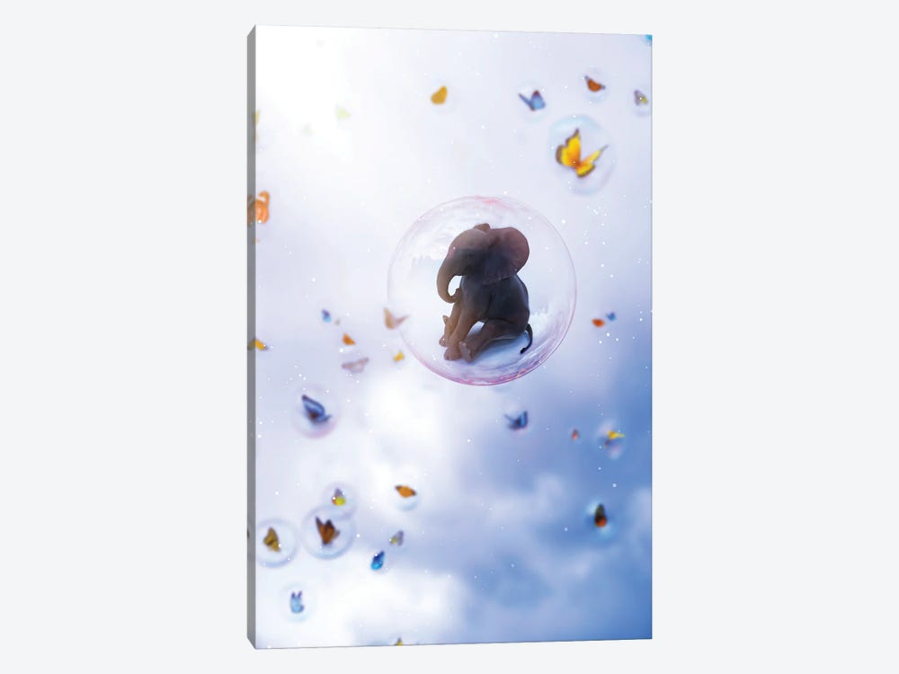 Baby Elephant In Bubble With Butterflies In Sky by GEN Z 1-piece Canvas Artwork
