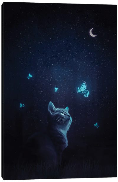 Cat And Blue Butterflies Fantasy Canvas Art Print - GEN Z