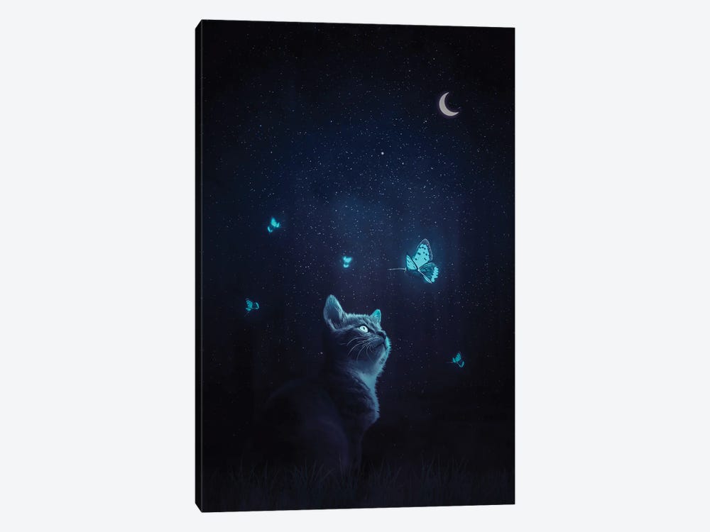 Cat And Blue Butterflies Fantasy by GEN Z 1-piece Canvas Print