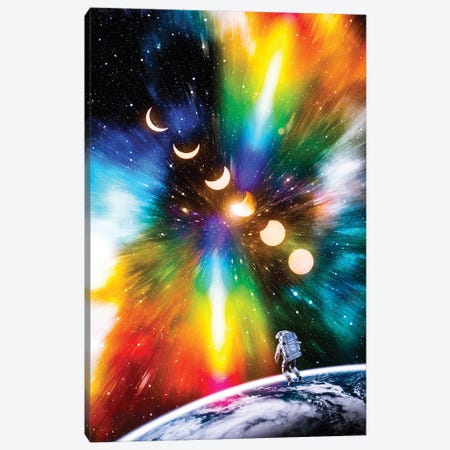 Astronaut, Phases Of The Moon And Colorful Universe Canvas Print #GEZ330} by GEN Z Canvas Art