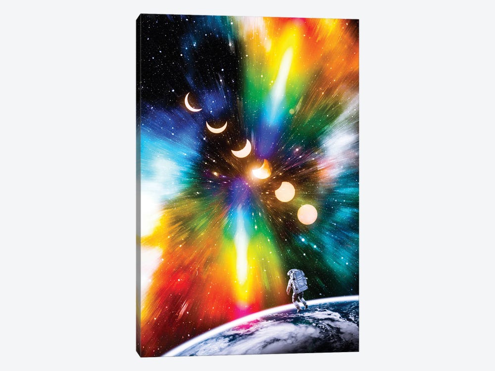 Astronaut, Phases Of The Moon And Colorful Universe by GEN Z 1-piece Canvas Artwork