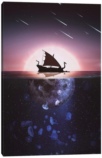 Drakkar between sun and moon Canvas Art Print - Jellyfish Art