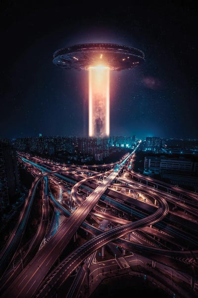 Alien Ship Attack On The City by GEN Z framed wall art