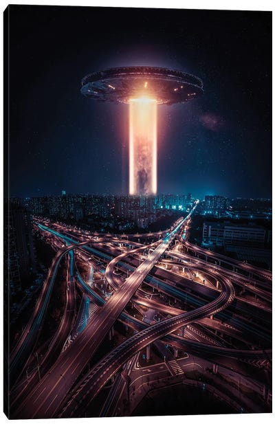Alien Ship Attack On The City Canvas Art Print - UFO Art