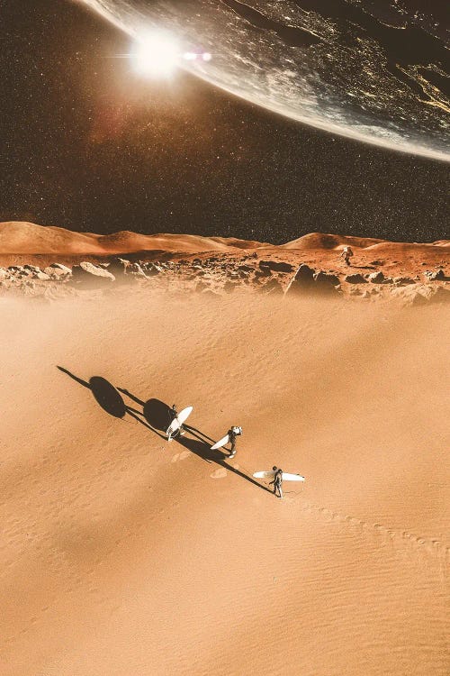 Surfers Walking On The Sand Of Mars