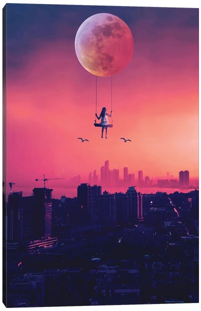 Girl Swinging Above The City Canvas Art Print - Pantone 2023 Viva Magenta
