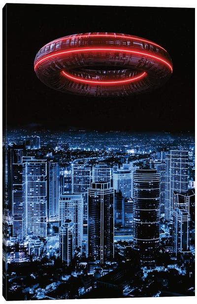 Alien Invasion Futuristic Neon City Canvas Art Print - UFO Art