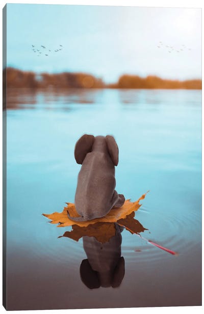 Baby Elephant On A Leaf Floating On The Water Canvas Art Print - GEN Z