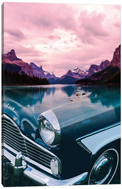 Classic Car Mountains Lake Canvas Art Print