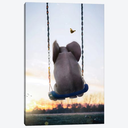Baby Elephant Swing With Butterfly Canvas Print #GEZ38} by GEN Z Canvas Wall Art