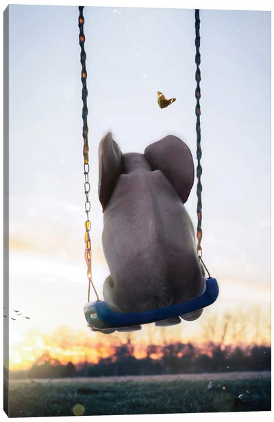 Baby Elephant Swing With Butterfly Canvas Art Print - GEN Z