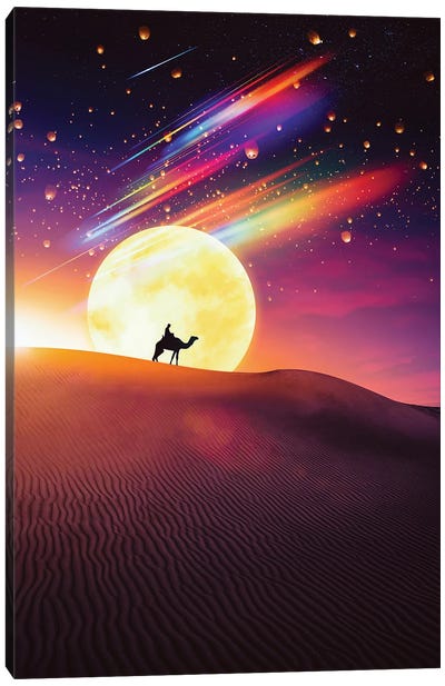 Dromedary Desert And Full Moon Canvas Art Print - Alternate Realities