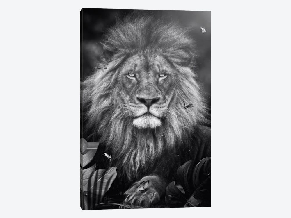 Lion In Black And White In Exotic Jungle by GEN Z 1-piece Canvas Art Print