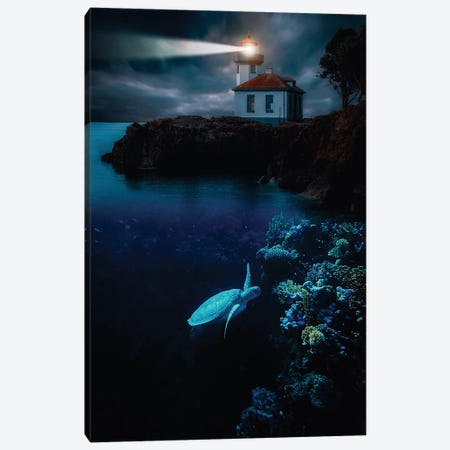 Turtle In The Corals And Lighthouse Canvas Print #GEZ401} by GEN Z Canvas Art