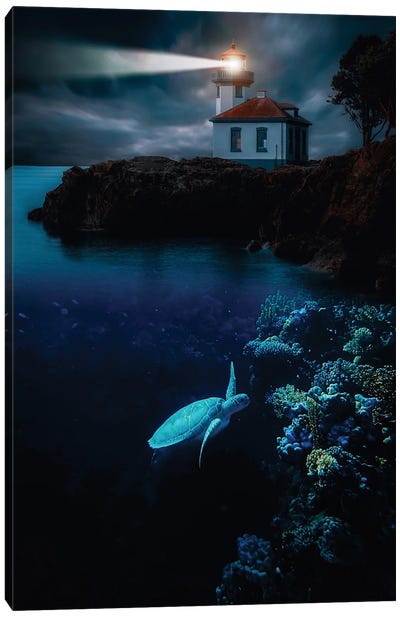 Turtle In The Corals And Lighthouse Canvas Art Print - GEN Z