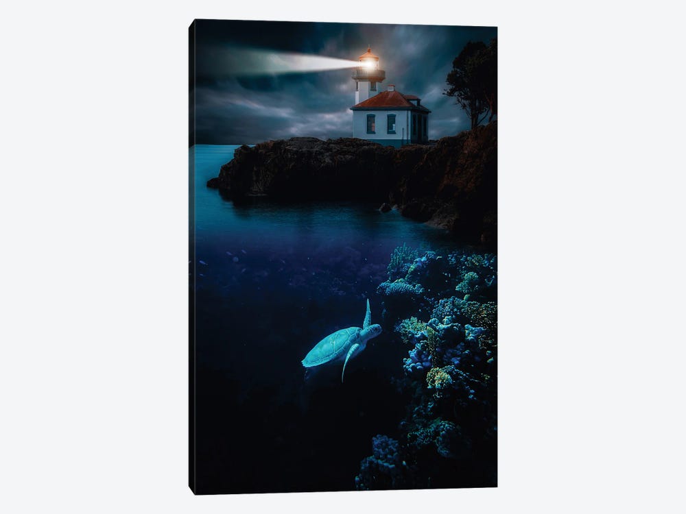 Turtle In The Corals And Lighthouse by GEN Z 1-piece Canvas Art Print