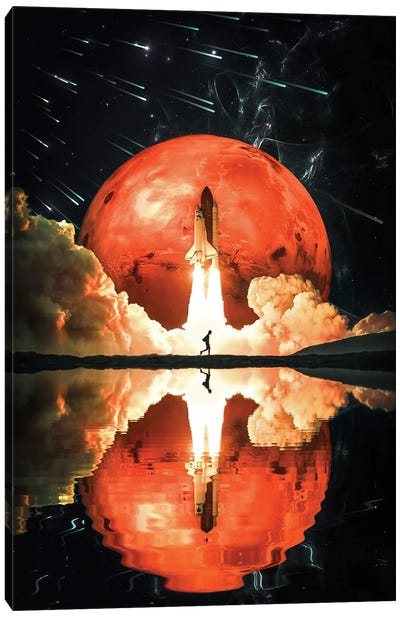 Rocket Take-Off And Mars Water Reflection Canvas Art Print - Mars Art