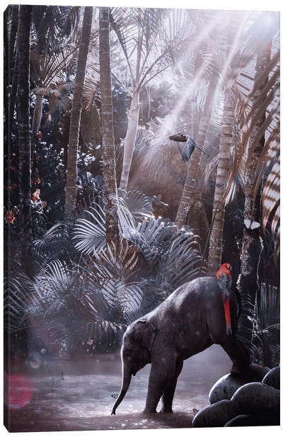 Baby Elephant In River Tropical Jungle Canvas Art Print - Jungles