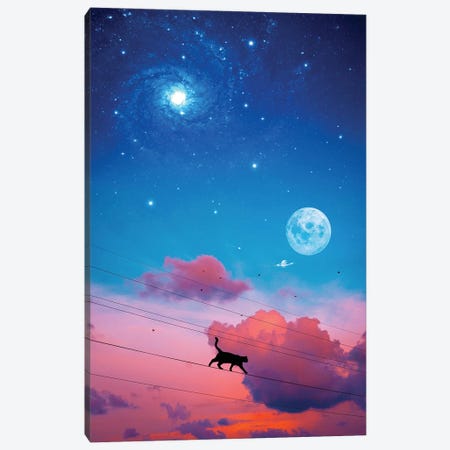 Cat Silhouette In The Sky And Moon Canvas Print #GEZ408} by GEN Z Canvas Artwork