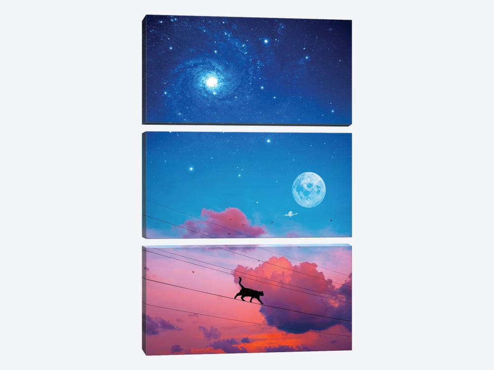 Cat Silhouette In The Sky And Moon by GEN Z 3-piece Canvas Wall Art
