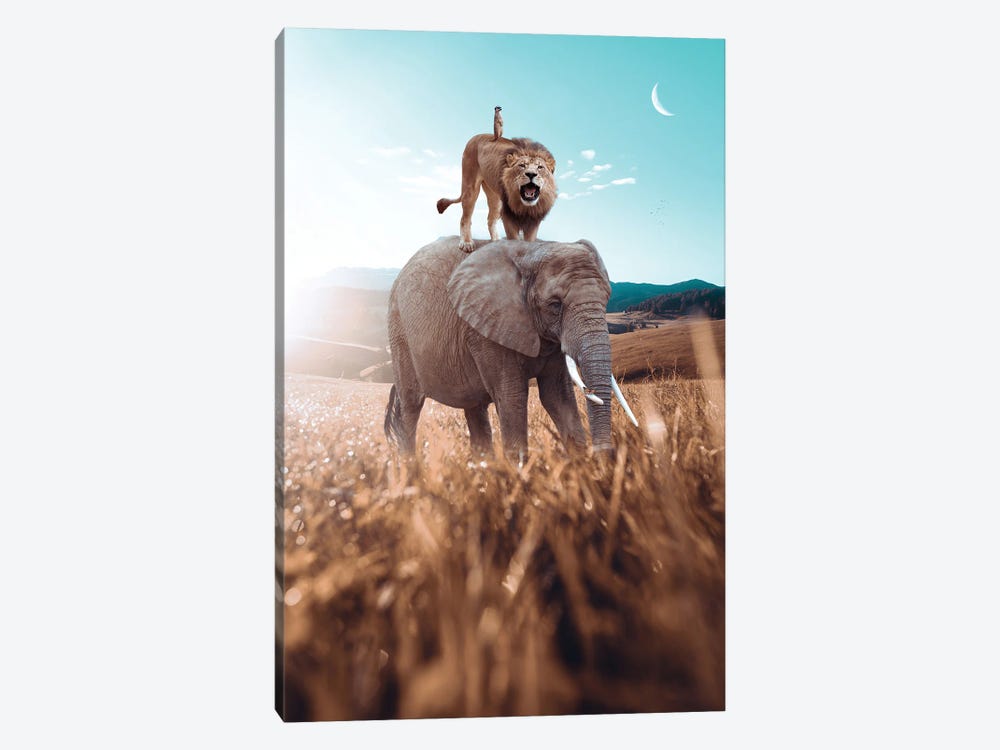 Elephant, Lion And Meerkat In Savannah by GEN Z 1-piece Canvas Print