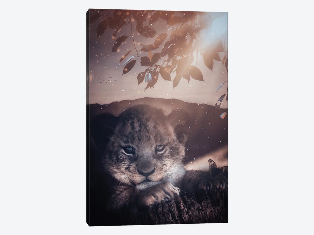 Baby Lion On A Tree Stump With A Butterfly by GEN Z 1-piece Canvas Art
