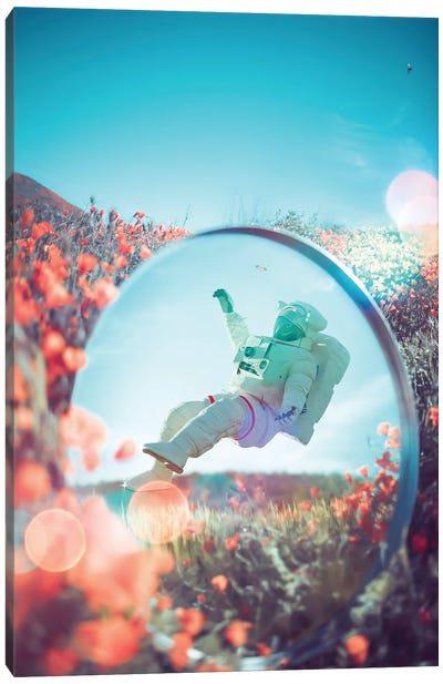 Astronaut In The Mirror And Flowers Canvas Art Print - GEN Z