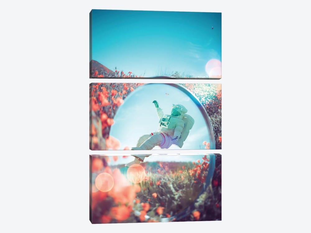 Astronaut In The Mirror And Flowers by GEN Z 3-piece Canvas Print