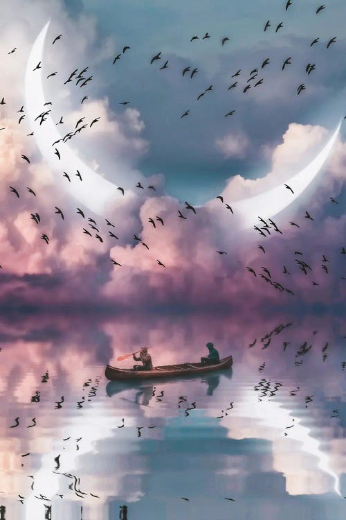 Reflection Birds, Crescent Moon In Clouds And Canoe