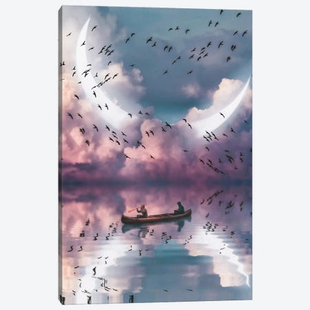Reflection Birds, Crescent Moon In Clouds And Canoe Canvas Print #GEZ419} by GEN Z Art Print