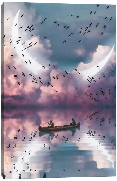 Reflection Birds, Crescent Moon In Clouds And Canoe Canvas Art Print - Canoe Art