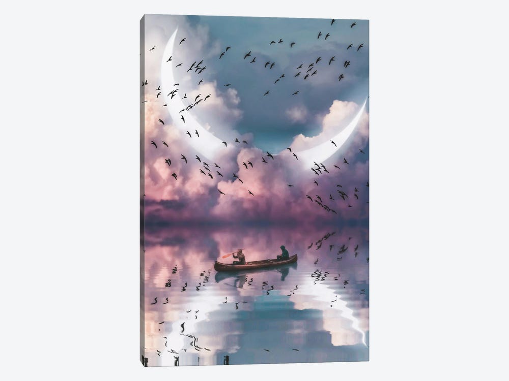 Reflection Birds, Crescent Moon In Clouds And Canoe by GEN Z 1-piece Canvas Wall Art
