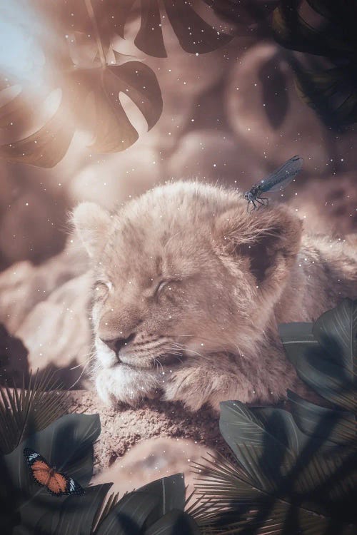 Baby Lion Sleeping In The Jungle With Insects Friends