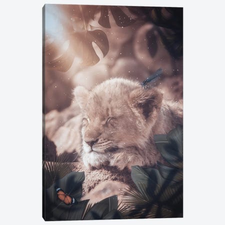 Baby Lion Sleeping In The Jungle With Insects Friends Canvas Print #GEZ41} by GEN Z Canvas Print