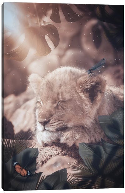 Baby Lion Sleeping In The Jungle With Insects Friends Canvas Art Print - GEN Z